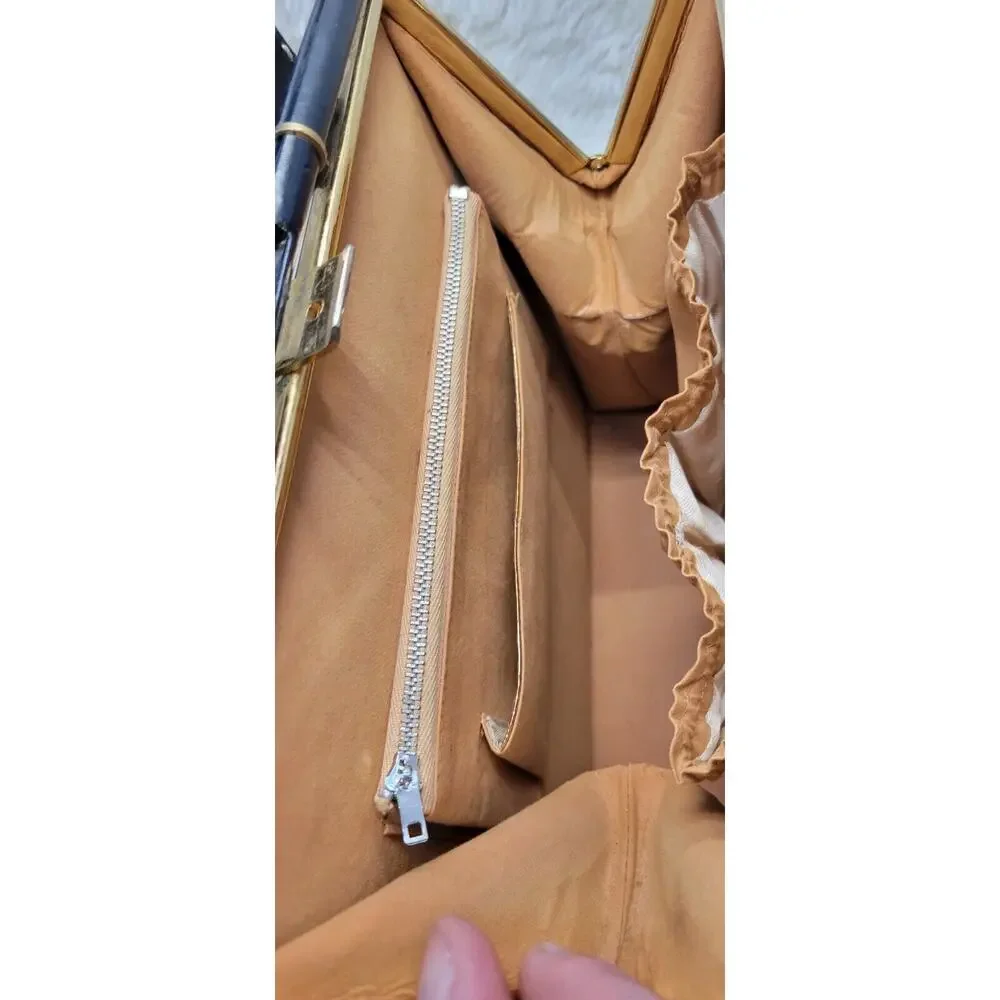 Vintage 1960's Dark Navy Gold Accent Leather Womens Lined Snap Closure Handbag - Picture 9 of 11